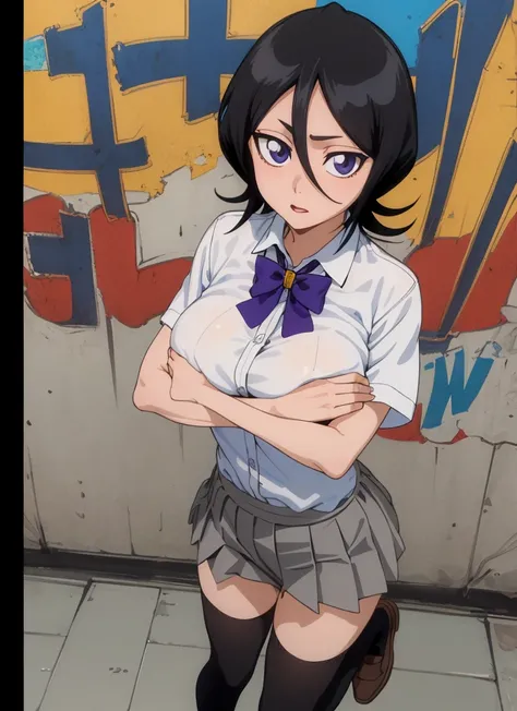 ((best quality)), ((highly detailed)), masterpiece, , (1girl), Perspective distortion, cowboy shot, ((wide shot)), Rukia, black hair, short hair, hair between eyes, purple eyes,  , white collared shirt, red bowtie, grey pleated skirt, socks, shoes, (outsid...