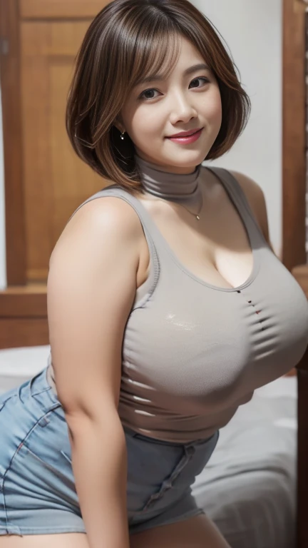 (8K, best quality, masterpiece, Golden Ratio Composition,:1.3, Panoramic view), (40 year old plump Japanese woman standing in bedroom), (90 kg obese body),(Wearing a turtleneck :1.2),  (Legs close-up), (Thick thighs),  (Snow-white long legs), ( Look at the...