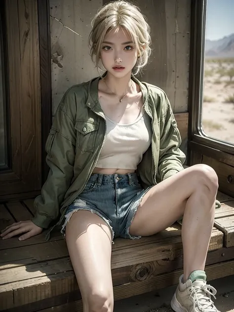 Desert battlefield background，A man in a green short jacket，White tube top，Brown denim shorts，Knee pads，Blond-haired girl in sneakers sitting on a