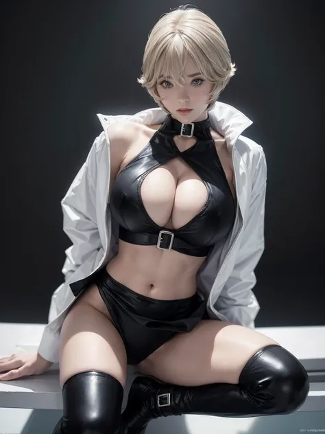 Very short hair, (masterpiece、Highest quality、Official Art), Neck up, View from the front, Looking at the audience:1.5, topless, small top, White jacket:1.2, Black long boots, Black shorts, (Black bondage suit:1.2), Black collar, Black choker, Glowing Skin...