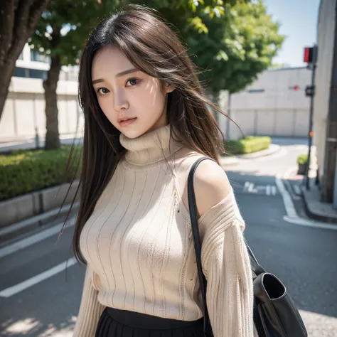 (Colossal tits、Turtleneck knitwear、Shoulder bag)、(top-quality,​masterpiece:1.3,超A high resolution,),(ultra-detailliert,Caustics),(Photorealsitic:1.4,RAW shooting,)Ultra-realistic capture,A highly detailed,high-definition16Kfor human skin、 Skin texture is n...