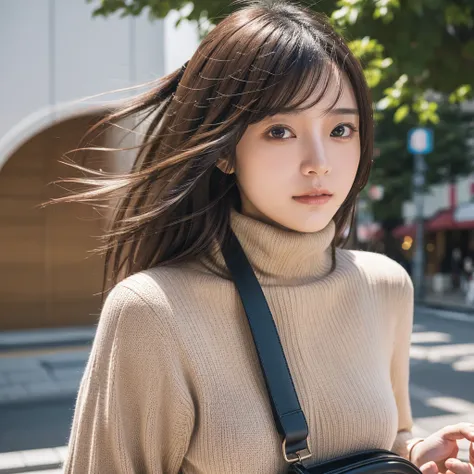 (Colossal tits、Turtleneck knitwear、Shoulder bag)、(top-quality,​masterpiece:1.3,超A high resolution,),(ultra-detailliert,Caustics),(Photorealsitic:1.4,RAW shooting,)Ultra-realistic capture,A highly detailed,high-definition16Kfor human skin、 Skin texture is n...