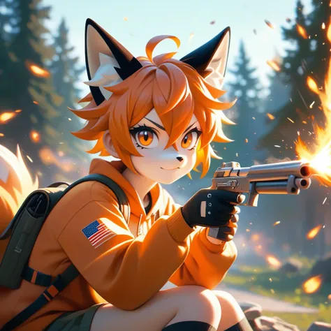 One girl, Short, messy hair with orange flames, Bright orange flaming hair, light orange oversized fox Foodie, fox Foodie, Foodie, Bright orange flame tail、Black gloves, Possession of a gun, In the Forest, Scouting, Orange eyes, Enthusiastic, Severe, Have ...