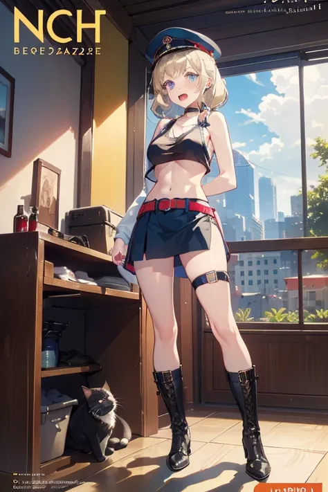 (masterpiece:1.2), (Military uniform magazine cover:1.4),best quality,PIXIV,Sweet girl , sexy posture,1girl, (perky chest:1.2), rolling upskirt by wind:1.6, (with sparkling eyes and a contagious smile),open mouth, (pointed chest:1.2),fishnets, black hair, ...