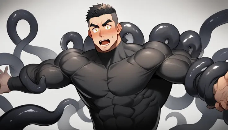 anime characters：superhero in tights, negro black skin, he was entangled by a large number of thick black tentacles, very stout,...