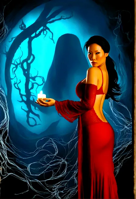 lucy liu, age 25, (bright red sexy asian witch lingerie (stomach exposed, breast drapes) wielding spells (strips of paper with k...