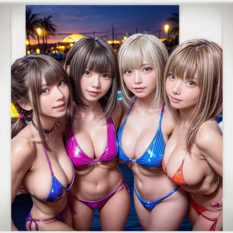 (((from below, low angle, cleavage, breasts to breasts))), The background is the beachside at (Twilight:1.4), shiny Oiled ivory skin, (Masterpiece:1.2), (((bleached hair, blonde hair, seductive smile, grin))), ((((A group photo of 6 cute girls wearing colo...