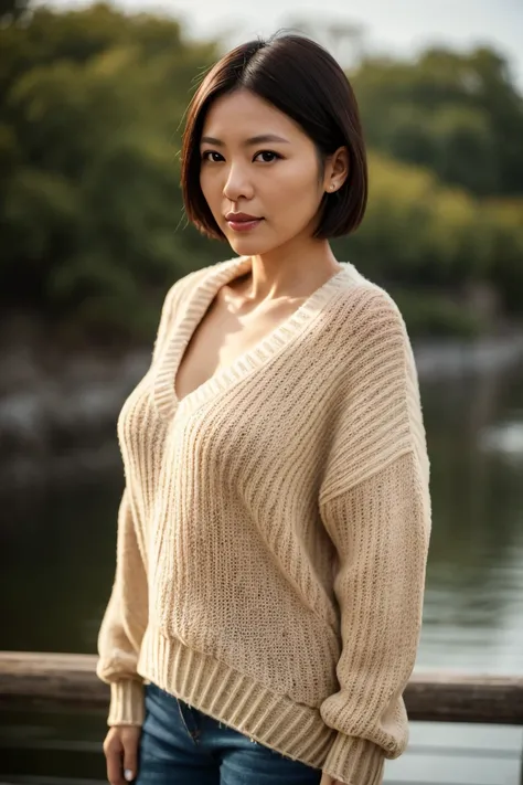 Portrait of a middle-aged Taiwanese woman, 40 years old, short hair，Cute face, slim, Tortitz, (Large sagging:1.1), Huge nipples, wear (sexy sweater:1.2), Standing by the river, Bokeh background, Simple Background, (Highly refined skin:1.0), (masterpiece:1....