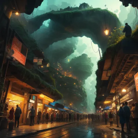 (Best quality,panorama,ultra detailed,A high resolution,masterpiece:1.2,)(((underground city))), the streets are filled with people and gloomy green smoke,