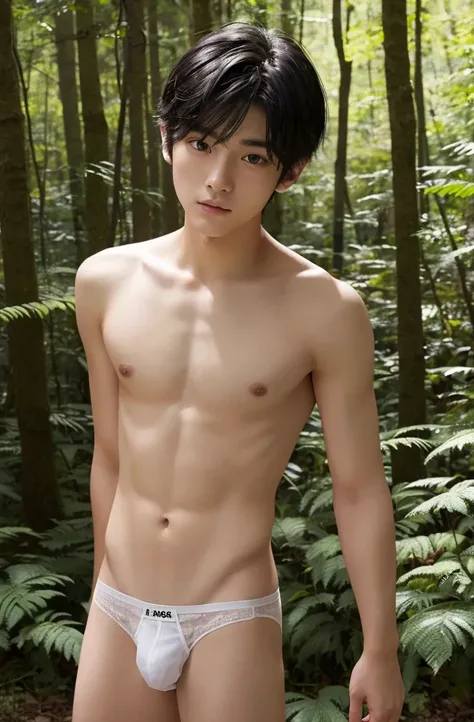 18-year-old boy, Completely naked ,Smooth Skin、Black Hair、in the forest、 Thin、Beautiful Boy、Japanese、Dark Eyes、whole body、White underwear