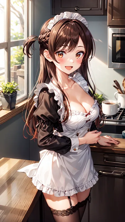 Masterpiece ,best quality , high resolution , (1 girl solo:1.38) , (chizuru ichinose, long hair, bangs, brown hair, (brown eyes:1.2), one side up) , (cleavage:1.2) , (medium breast:1.28) , (wear maid miniskirt , maid head band , sleeves , stockings ) , (cl...