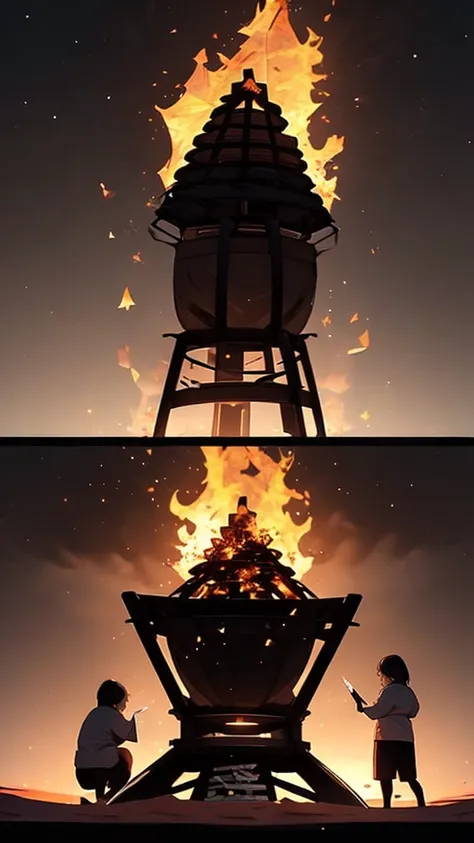 (blazing bonfire:1.5),starry sky,double exposure