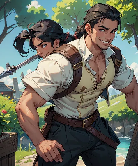 (((Single character image.))) (((1boy))) (((Dressed in medieval swashbuckler attire.))) (((Shoulder length hair))) (((Cute black hair in a topknot.))) This is a dashing male adventurer in a high fantasy setting. He is attractive to women and has all the at...