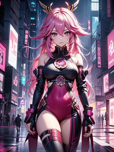 yae miko, 1woman, wearing a futuristic cyberpunk outfit, at a future city, pink colour hair, 8k, high detailed, high quality