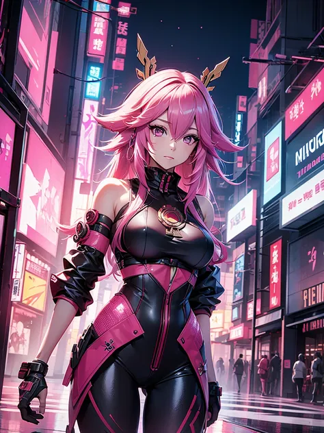 yae miko, 1woman, wearing a futuristic cyberpunk outfit, at a future city, pink colour hair, 8k, high detailed, high quality