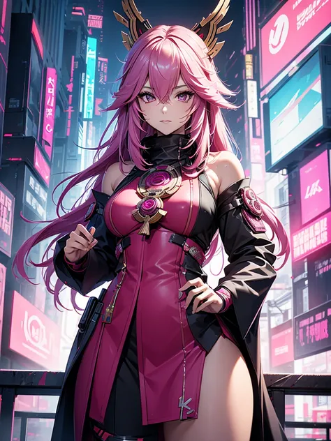 yae miko, 1woman, wearing a futuristic cyberpunk outfit, at a future city, pink colour hair, 8k, high detailed, high quality