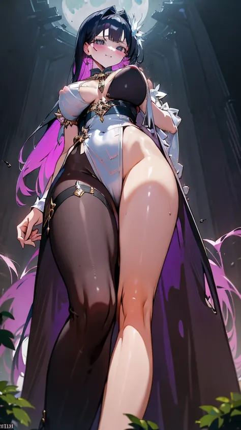 A seductive giantess in a flowing white gown, with long ebony hair and captivating violet eyes, stands seductively in a moonlit forest. Her legs crush the delicate foliage and tiny creatures beneath her, her fingers idly toying with tiny humans clinging to...