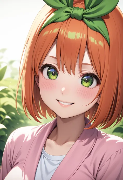 (highest quality、masterpiece、very detailed、4k)、one woman、17 years old、short hair、orange hair、(((nakano yotsuba)))、smile