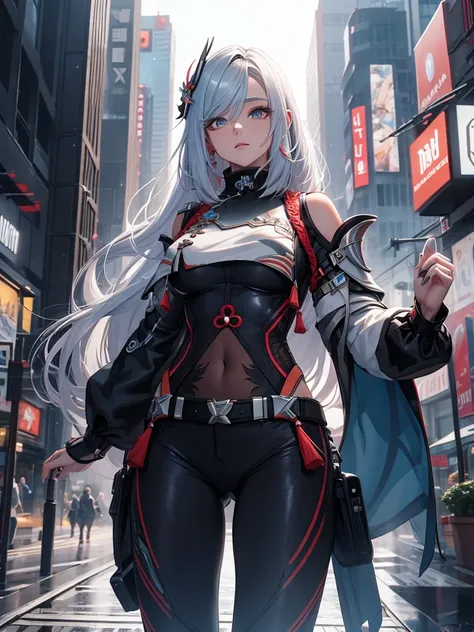 shenhe from genshin impact, 1woman, wearing a futuristic cyberpunk outfit, at future city, silver colour hair with her style, 8k...