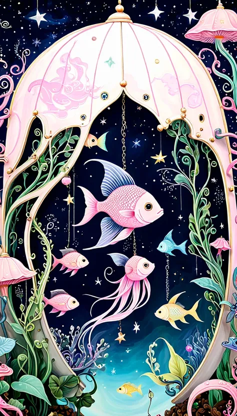 Light pink fish in the birdcage，plant，Tentacles，Eye、Starry Sky，Stitching together an abstract painting，Describing the inner world of autistic people，Sense of space，White Space，interesting，Innocence，Psychedelic Art，Pink theme