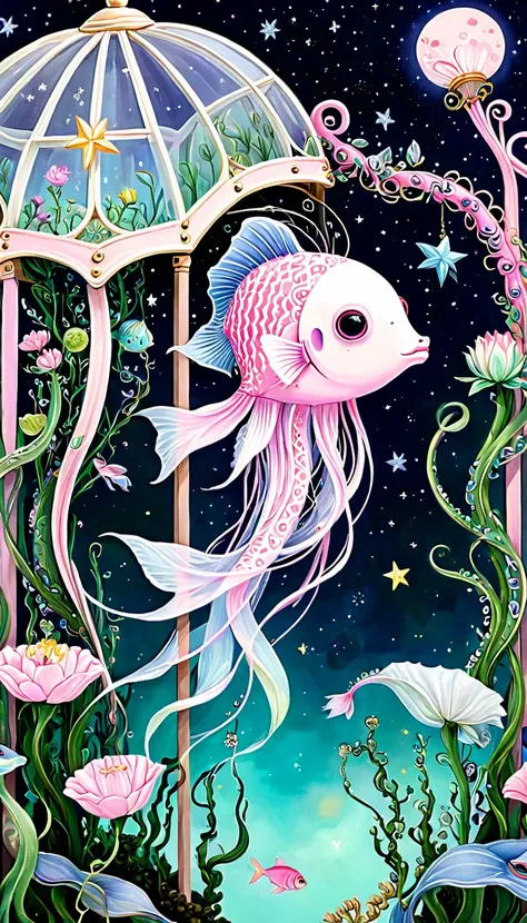 Light pink fish in the birdcage，plant，Tentacles，Eye、Starry Sky，Stitching together an abstract painting，Describing the inner world of autistic people，Sense of space，White Space，interesting，Innocence，Psychedelic Art，Pink theme