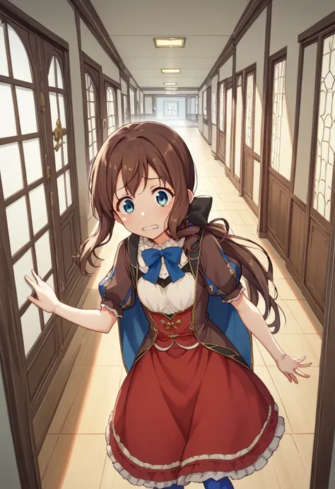 One girl, blue eyes, Long Hair, Brown Hair, Side Lock, Low Ponytail, ribbon, dress, White shirt, Puffy sleeves, Short sleeve, Red Skirt, Cape, Blue Pantyhose, Hallway with many doors,Ajar door,ドアから伸びる手Ajar doorから伸びる手にMy arm is grabbed,My arm is grabbed