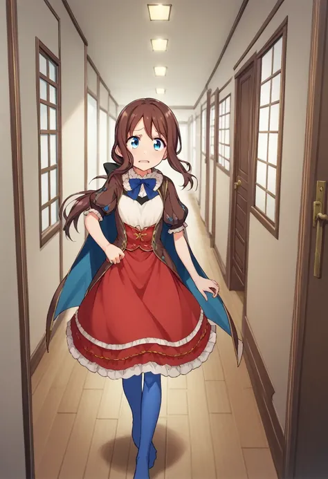 One girl, blue eyes, Long Hair, Brown Hair, Side Lock, Low Ponytail, ribbon, dress, White shirt, Puffy sleeves, Short sleeve, Red Skirt, Cape, Blue Pantyhose, Hallway with many doors,Ajar door,ドアから伸びる手Ajar doorから伸びる手にMy arm is grabbed,My arm is grabbed