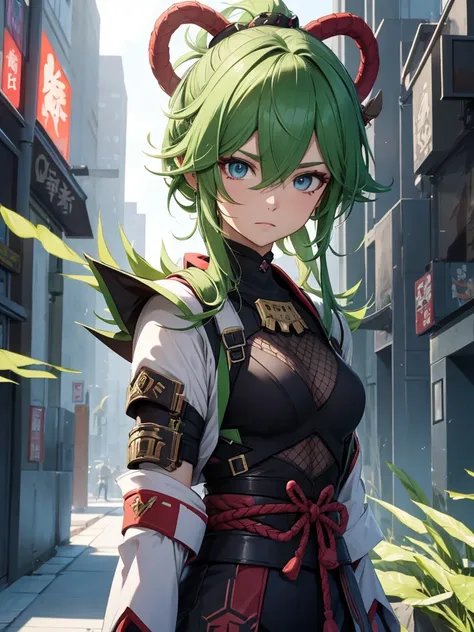 Kuki Shinobu from Genshin impact, 1woman, wearing a futuristic cyberpunk outfit, at future city, green colour hair style, 8k, high detailed, high quality