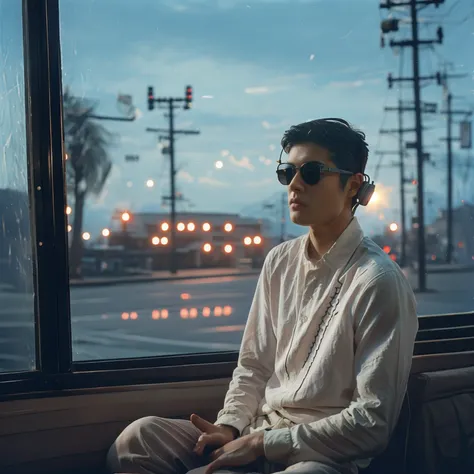 1944 , still frame from a movie by robert elswit, ((long shot)), viewer looking from outside the airplane, 25yo ((a indonesian m...