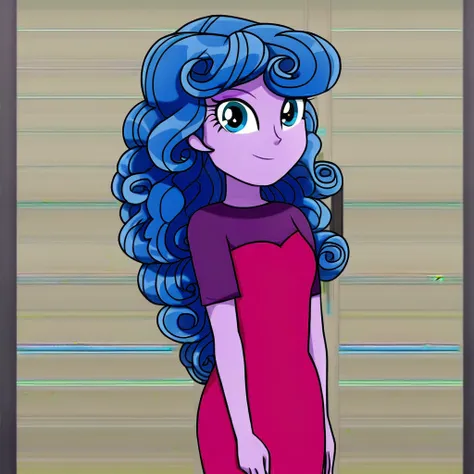 Red dress, purple skin, voluminous curly hair without bangs, blue hair, Blue eyes. Equestria girls