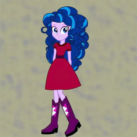 Red dress, purple skin, voluminous curly hair without bangs, blue hair, Blue eyes. Equestria girls