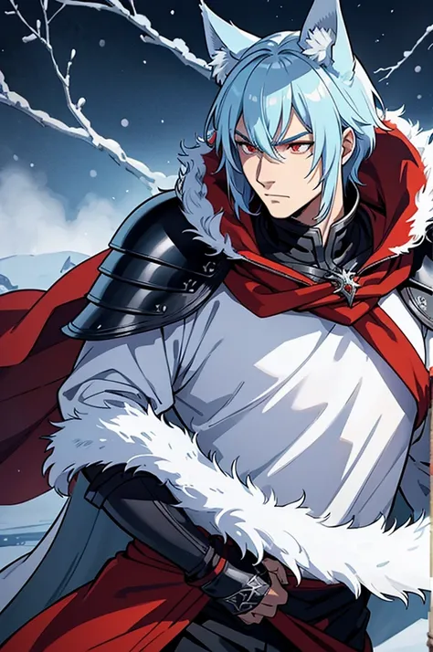 Tall man, wolf ears, Fur cape, armor, winter background, Buff, Stern look, light blue hair, red eyes, martial artist, armor buff



