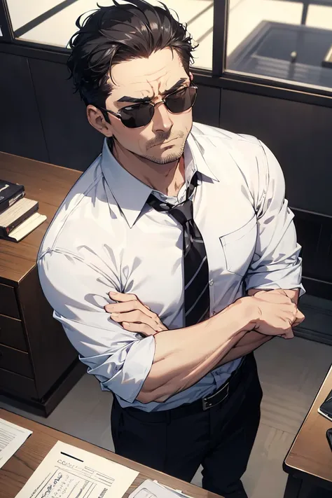 1 middle-aged man,dress shirt,folding ones arms,upper body,cool,hardboiled,sharp eyes,thick eyebrows,stern expression,black hair,from above,indoors,watch,tie,sunglasses,illustration style,masterpiece, extremely fine and beautiful,japanese