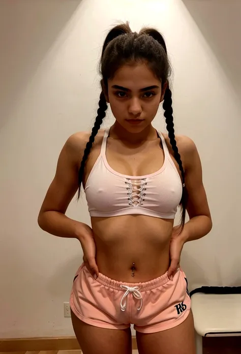 create for me a beautiful 18 year old Brazilian girl, hot and going to the gym in short shorts