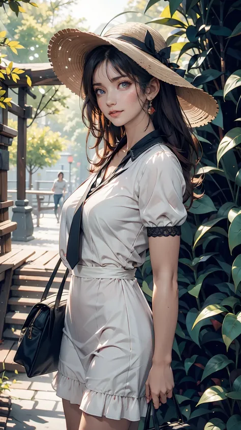 24-year-old female、Long eyelashes、Beautiful appearance、White summer dress decorated with lace、Brown Hair、Side Ponytail((Tie it up with a scrunchie))、Sunlight filtering through the trees、Forest Walk、Walking、Cute handbag、Sandals、Wide-brimmed hat decorated wi...