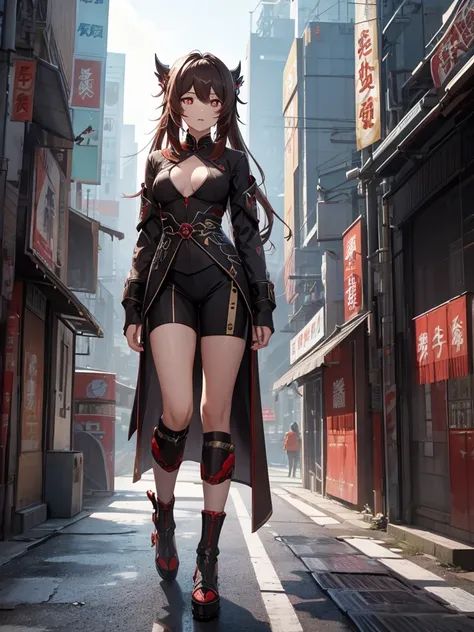 Hu tao from Genshin impact, 1woman, wearing a futuristic cyberpunk outfit, at future city, dark brown colour hair style, 8k, high detailed, high quality