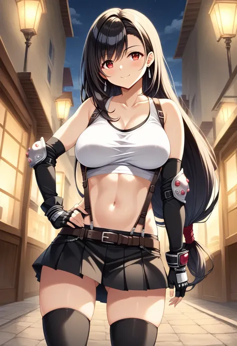 score_9, score_8_up, score_7_up, ,front_view,breast front view,,(soro focus),standing,straight-on,,(hands on hip),,,(upperbody),looking_at_viewer ,1girl, tifa lockhart, final fantasy,(beautiful woman). tareme,black hair, low-tied long hair, red eyes, bangs...