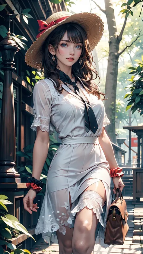 24-year-old female、Long eyelashes、Beautiful appearance、White summer dress decorated with lace、Brown Hair、Side Ponytail((Tie it up with a scrunchie))、Sunlight filtering through the trees、Forest Walk、Walking、Cute handbag、Sandals、Wide-brimmed hat decorated wi...