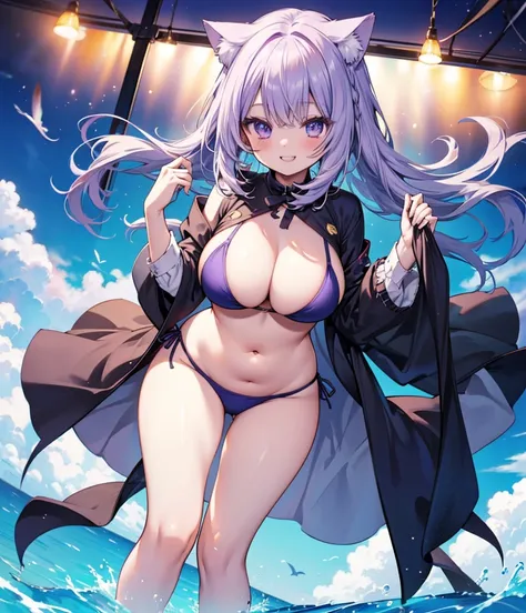 (masterpiece), (Top quality anime illustrations), Emphasize cleavage、Swimwear、Cat porridge、Purple hair color、Swimwear、Titty fuck、Show your legs、Showing off big breasts、Big Breasts、Beautiful breasts、Grinning smile、Beautiful whole body、Plump thighs