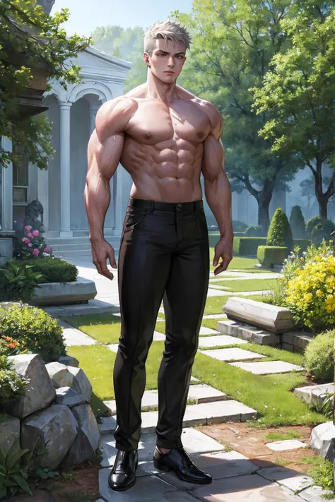 Masterpiece,stunning realistic, best quality, sharpness, 1 boy,menschlicher stein,muscular,standing in a garden,grey skin,human rock,