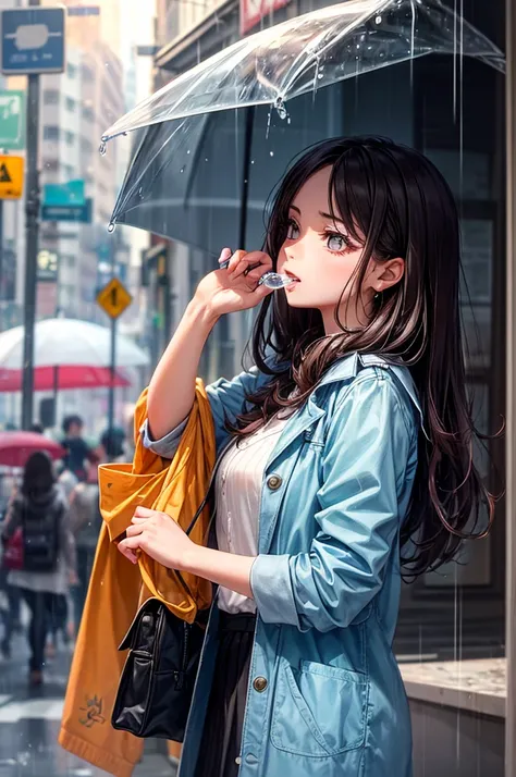 1girl walking in road 🛣️, rain in freez in girl hand in one drops girl look drops beautiful drops 