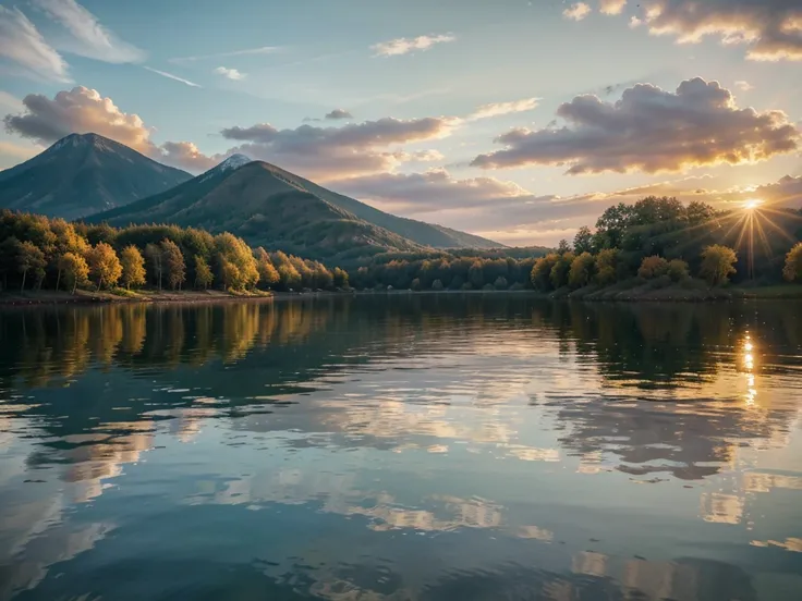 sunset over the lake, lake, serene lake, calm water, reflection, golden sun, dramatic sky, colorful clouds, warm light, atmospheric, tranquil, peaceful, idyllic, stunning scenery, beautiful landscape, picturesque, (best quality,4k,8k,highres,masterpiece:1....