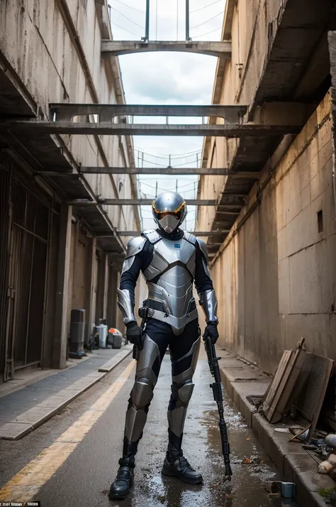 A hero working behind the scenes,Metal Suit,A wide variety of weapons,uncle,Riverbank,Under the bridge,