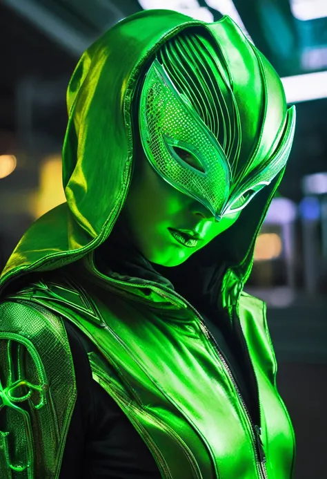 A image depicts a person dressed in futuristic attire, mostly in dark and neon green colors, creating a striking and intense visual contrast. The subject is wearing a hooded outfit with a vivid green metallic sheen, and a subtle, textural design that sugge...