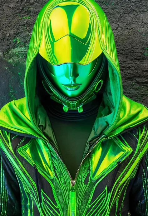 A image depicts a person dressed in futuristic attire, mostly in dark and neon green colors, creating a striking and intense visual contrast. The subject is wearing a hooded outfit with a vivid green metallic sheen, and a subtle, textural design that sugge...