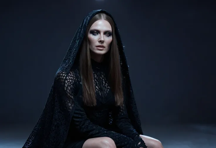 Fashionable of androgynous alien looking witch wearing veil, glowing eyes, beautiful evil slavic muscular woman, pale skin, long hair, futuristic design, minimal details, givenchy, photoreal, 200mm, hd, f/ 2.0, highly detailed, surreal, sitting, light smil...