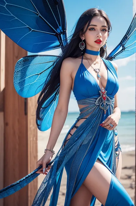 An image of a blue dragonfly wearing a necklace and red lipstick