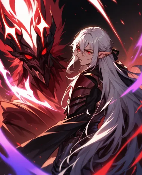 Male,54,pierced pointy ears,light skin,red eyes, white ombre long hair half up half down,red and white armour ,dark magic,on a battlefield with darkness in his eyes as a dark magic aura surrounds him