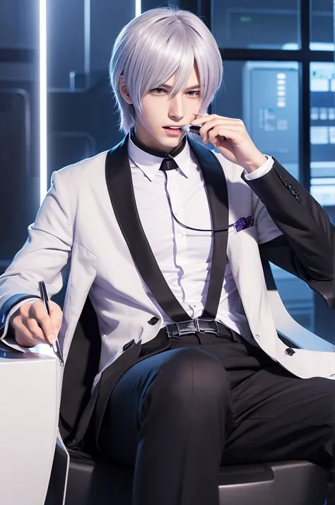 Anime Illustration
good looking young man
slender
Silver hair
Purple eyes
Cyber lab
Laboratory of the dark future
Researcher
white coat
Chewing a pen
Chewing ballpoint pen with teeth
Thinking
Plush black chair
Sit down