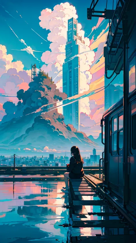 masterpiece, Exquisite detail,Highest quality, One girl, alone, handrail, cloud, buildings,Long Hair, NULL, Long sleeve, Power lines, White footwear, Black Hair, Electric pole, bangs, cloudy NULL, fish, bird, Green Eyes, Shorts, Day, Black Shirt, barefoot,...